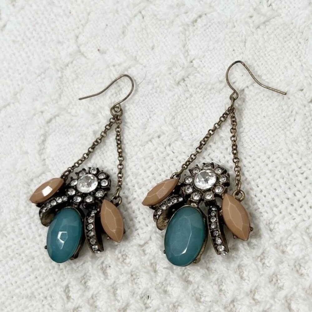 Statement Chandelier Dangle Earrings Rhinestone Dusty Blue Tan Accents